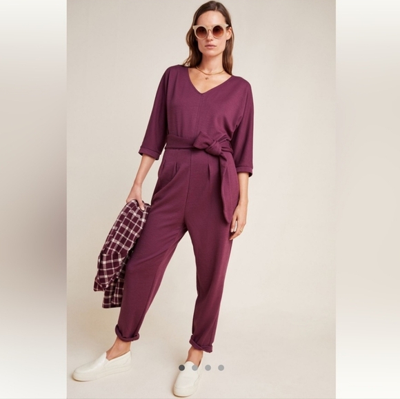 Anthropologie Pants - Anthropologie Purple Sutton Ponte Knit Tie Waist 3/4 Sleeve Jumpsuit Size Small